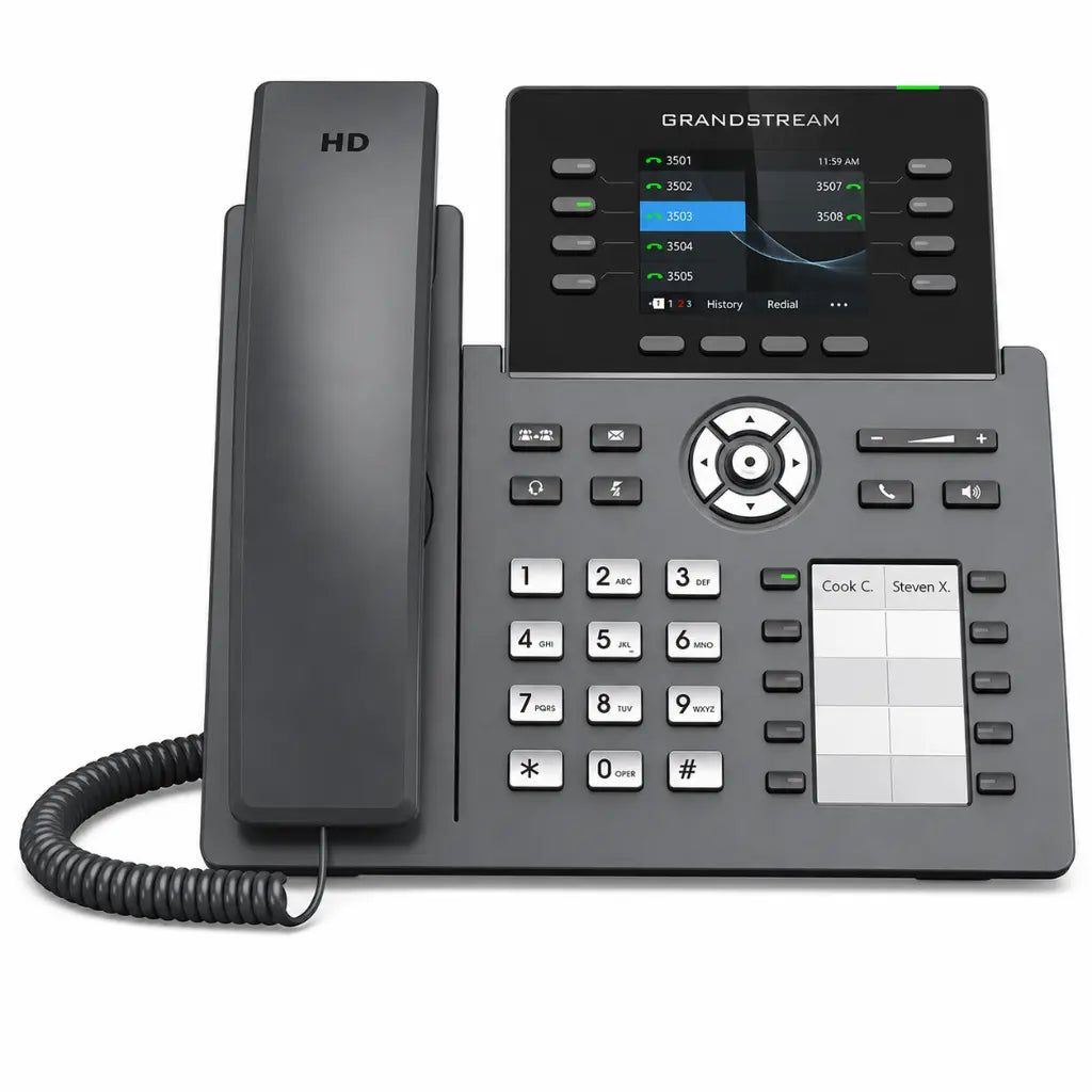 Front view of Grandstream GRP2634 8-line business VoIP IP phone with color display and programmable keys.