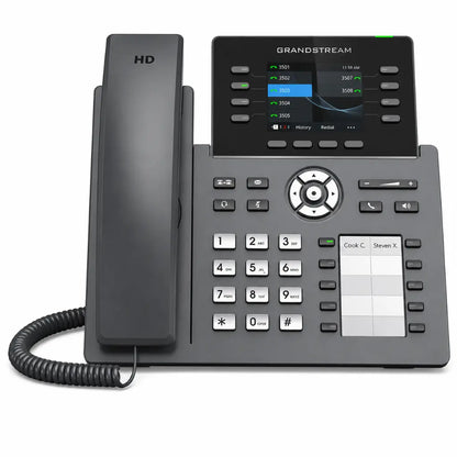 Front view of Grandstream GRP2634 8-line business VoIP IP phone with color display and programmable keys.