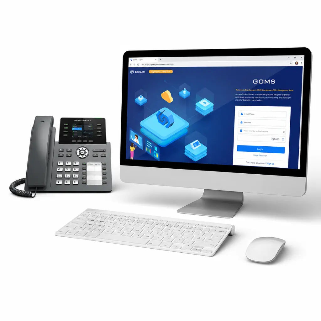 Grandstream GRP2634 professional IP phone with GDMS cloud device management platform displayed on desktop computer screen.