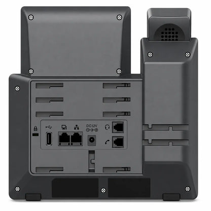 Rear view of Grandstream GRP2634 IP phone showing Gigabit Ethernet ports, USB port, headset connection, and power input.