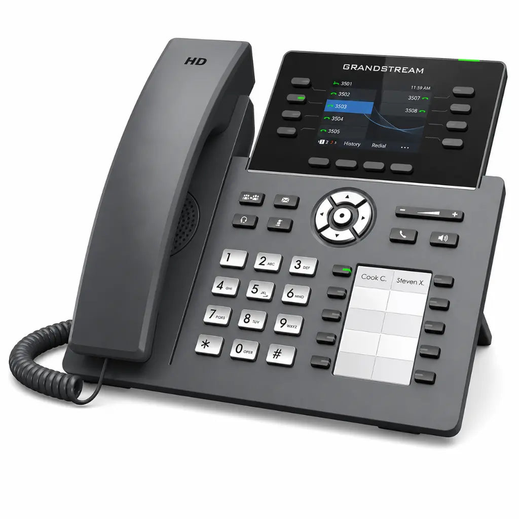 Angled view of Grandstream GRP2634 professional IP phone featuring HD audio, color screen, and SIP calling support.