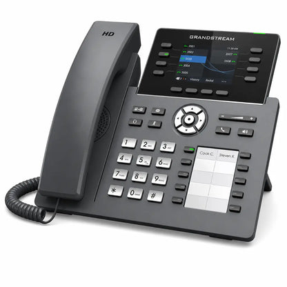 Angled view of Grandstream GRP2634 professional IP phone featuring HD audio, color screen, and SIP calling support.