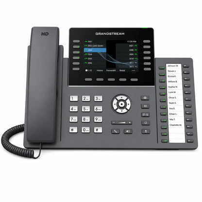 Grandstream GRP2636 12-line professional IP phone front view with color display, programmable keys and HD audio handset