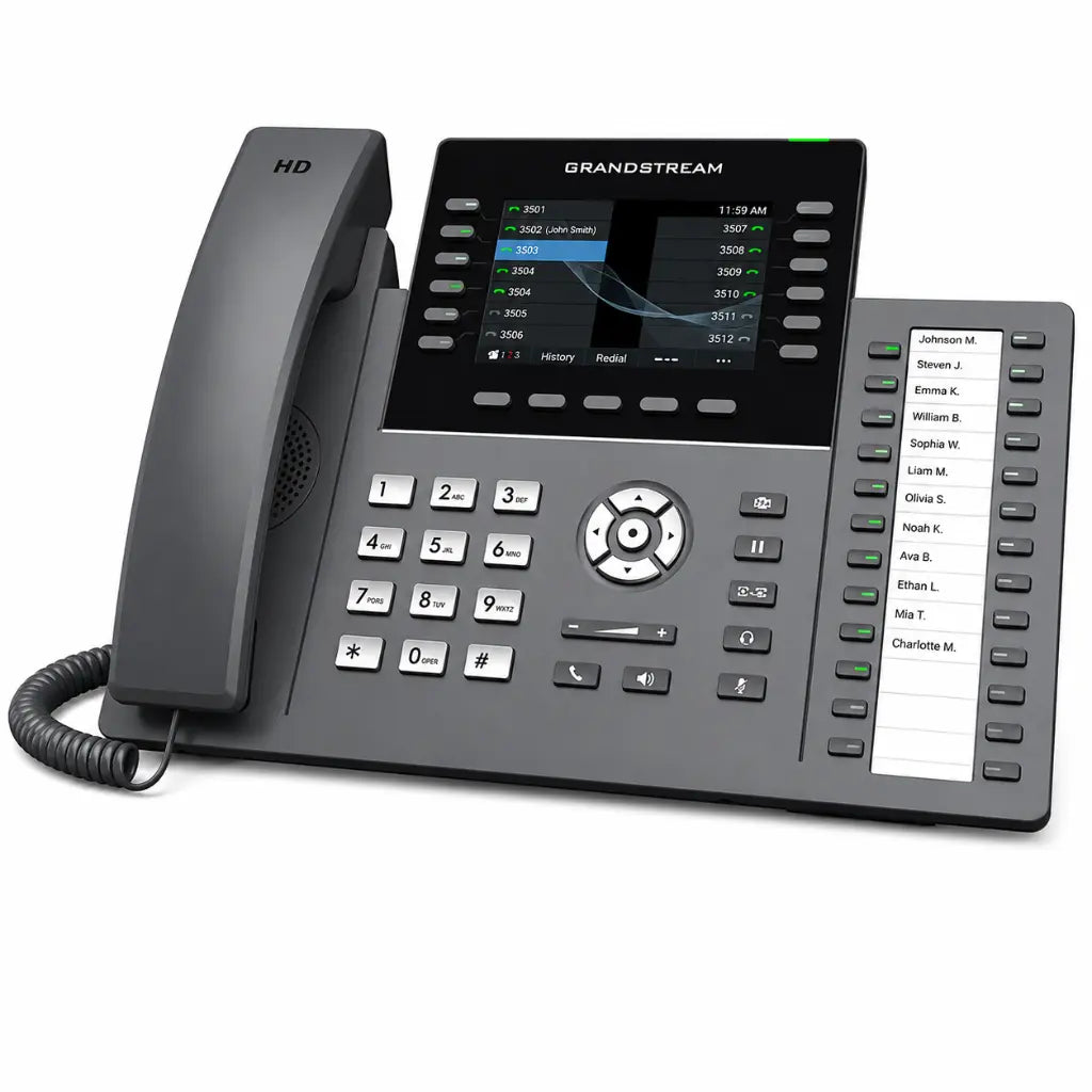 Grandstream GRP2636 business VoIP IP phone angled view featuring color LCD display, programmable keys and enterprise communication features