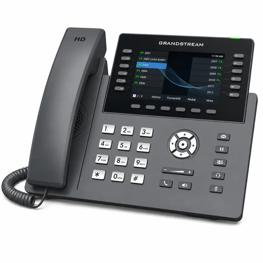 Angled view of Grandstream GRP2650 enterprise VoIP IP phone featuring HD voice, color LCD display, and multi-line communication support.