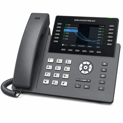 Angled view of Grandstream GRP2650 enterprise VoIP IP phone featuring HD voice, color LCD display, and multi-line communication support.