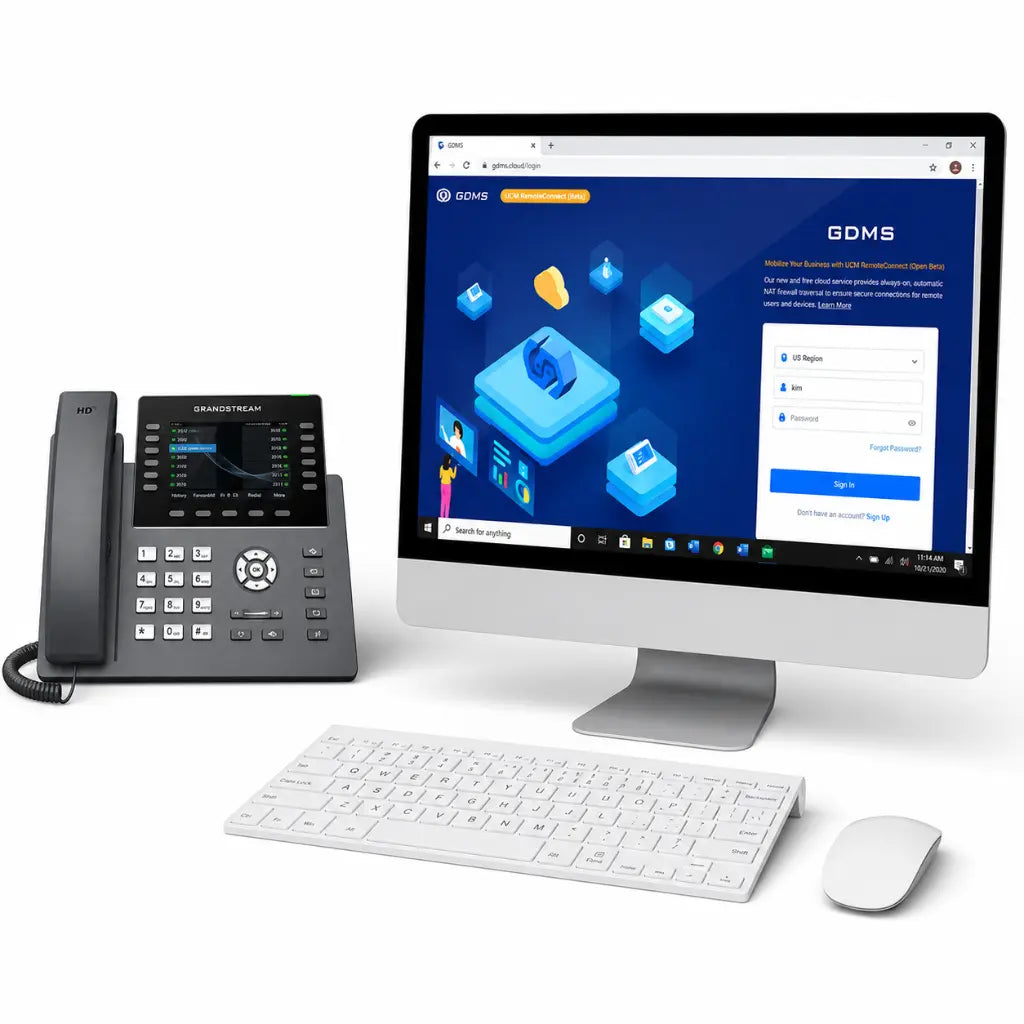 Grandstream GRP2650 business IP phone with GDMS cloud device management platform for centralized provisioning and remote administration.