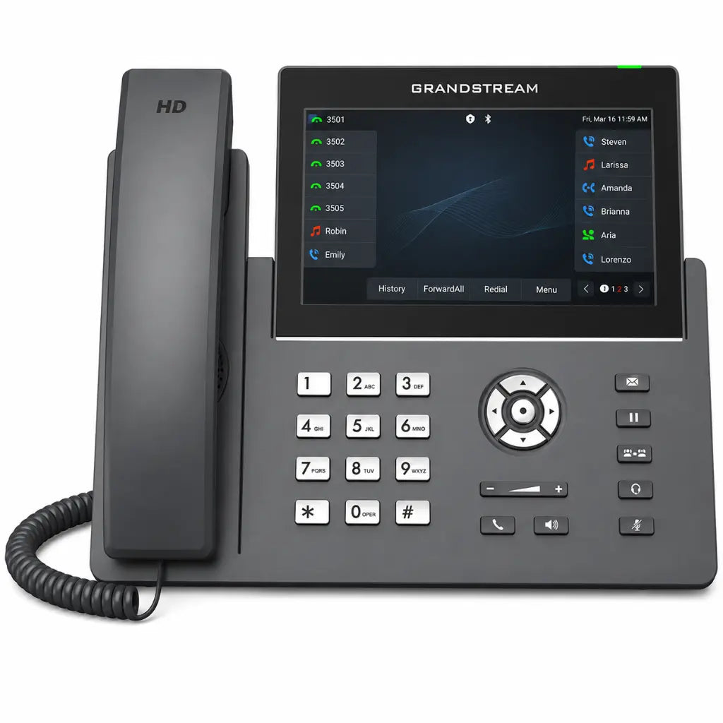 Grandstream GRP2670 12-line IP phone with 7-inch color touchscreen, HD audio, WiFi 6 and Bluetooth front view.