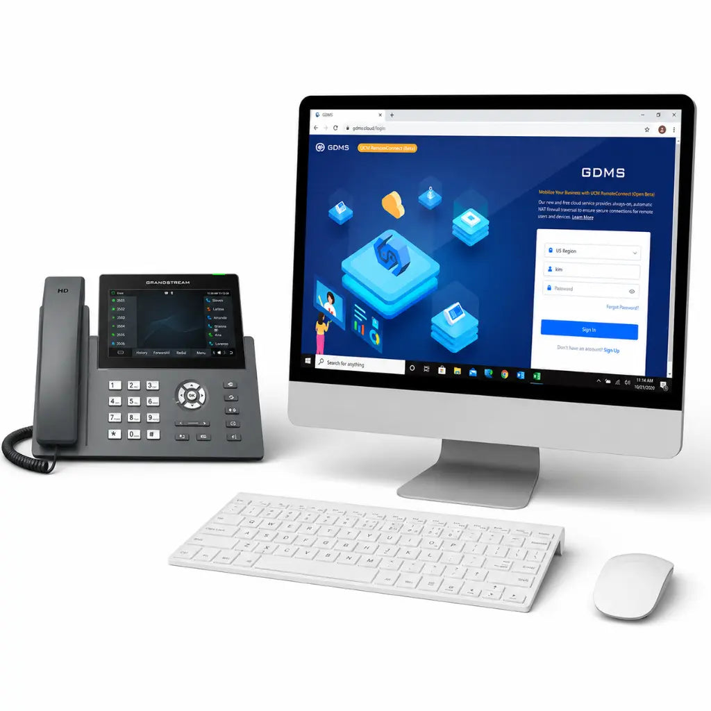 Grandstream GRP2670 business IP phone with GDMS cloud device management platform for centralized deployment and monitoring.