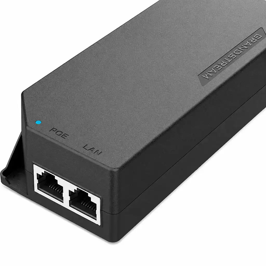 Angled front view of the Grandstream GS-POE15W-MG 2.5Gbps PoE Injector showing LAN and PoE Ethernet ports.