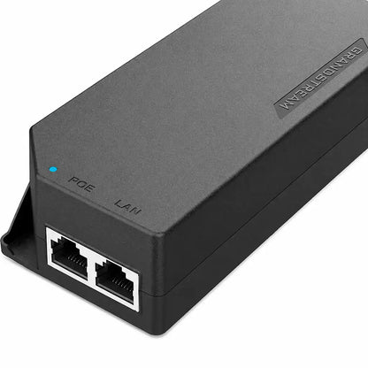 Angled front view of the Grandstream GS-POE15W-MG 2.5Gbps PoE Injector showing LAN and PoE Ethernet ports.