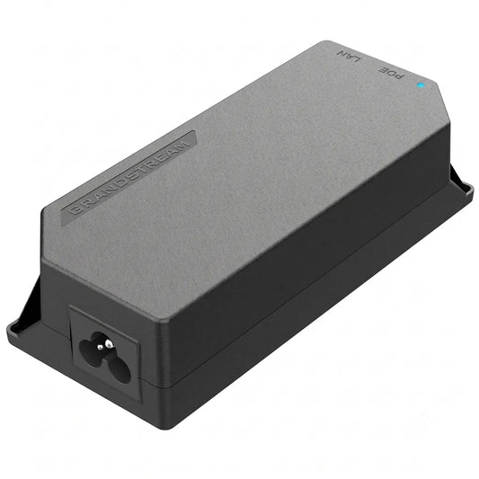 Grandstream GS-POE30W-MG PoE Injector angled view highlighting AC power connector and compact desktop design.