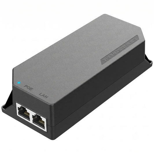 Grandstream GS-POE60W-MG 60W 10G PoE Injector perspective view showing dual RJ45 LAN and PoE ports.