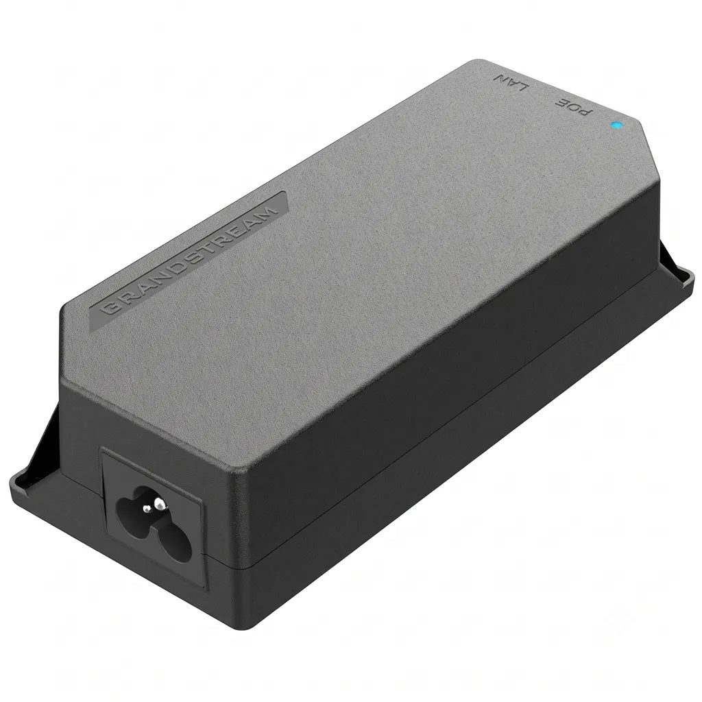 Angled view of the Grandstream GS-POE60W-MG PoE Injector highlighting the integrated AC power input and compact design.