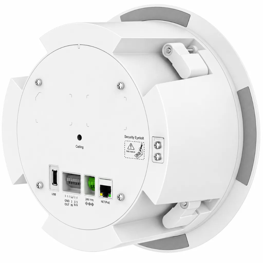Angled rear connectivity view of Grandstream GSC3506 v2 paging speaker with PoE and audio ports