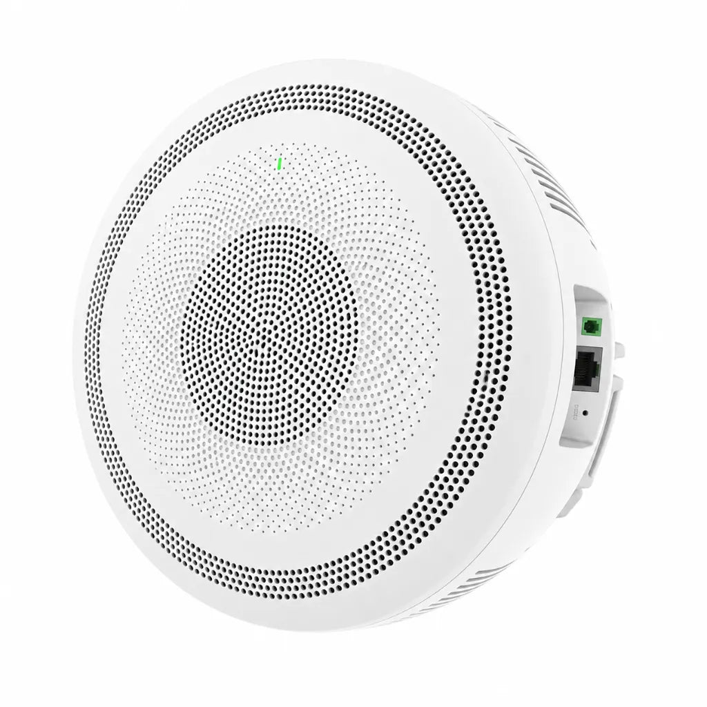 Grandstream GSC3516 SIP talk-back speaker angled front right view with circular grille design and side port access