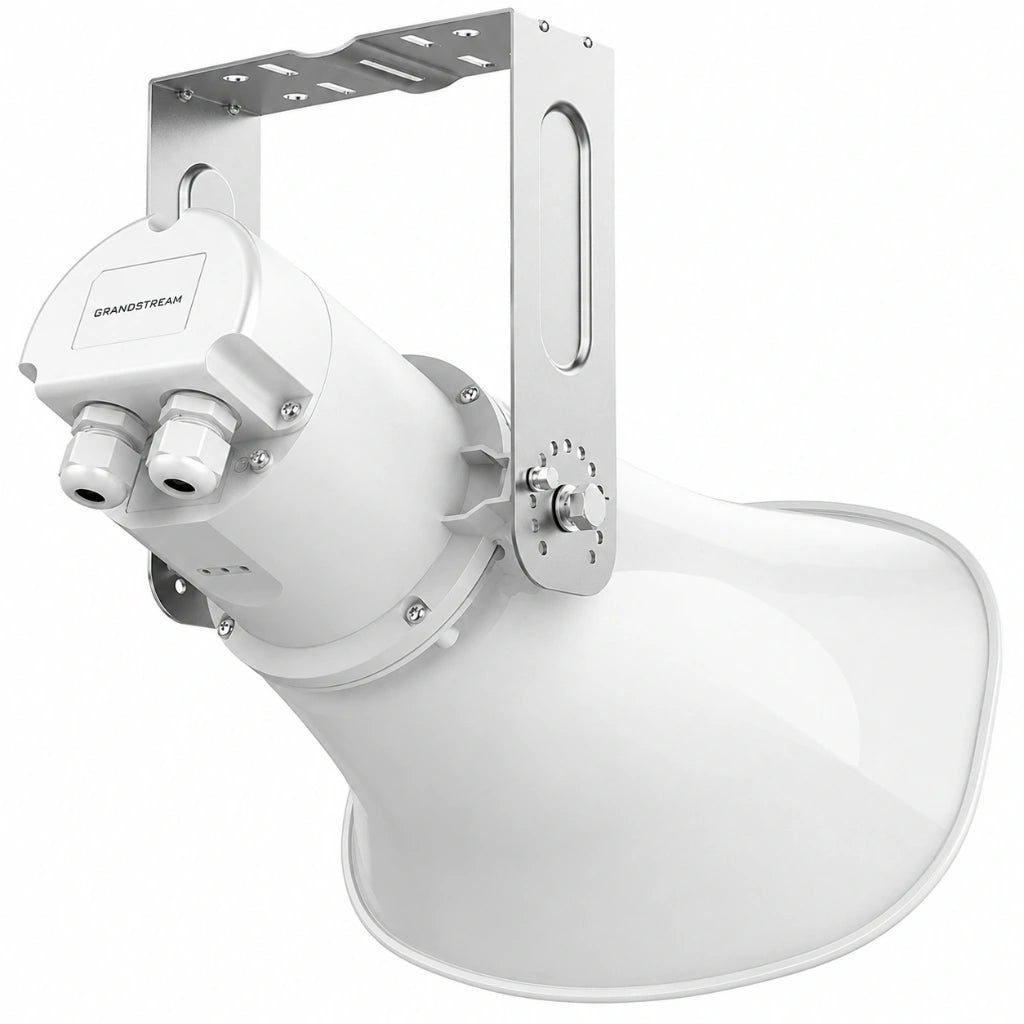 Back side view of Grandstream GSC3518HS outdoor SIP horn speaker showing rear enclosure and bracket assembly