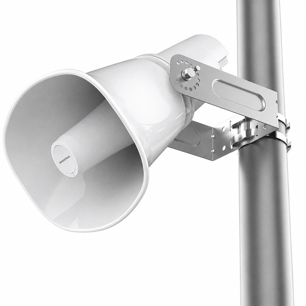 Grandstream GSC3518HS outdoor SIP horn speaker mounted on pole with adjustable stainless steel bracket