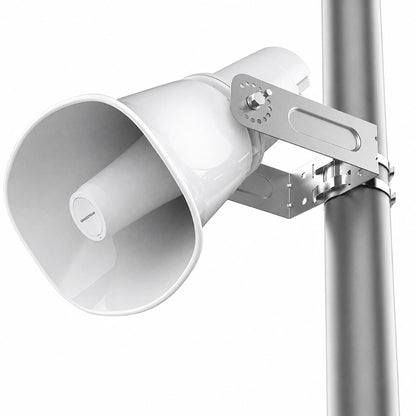 Grandstream GSC3518HS outdoor SIP horn speaker mounted on pole with adjustable stainless steel bracket