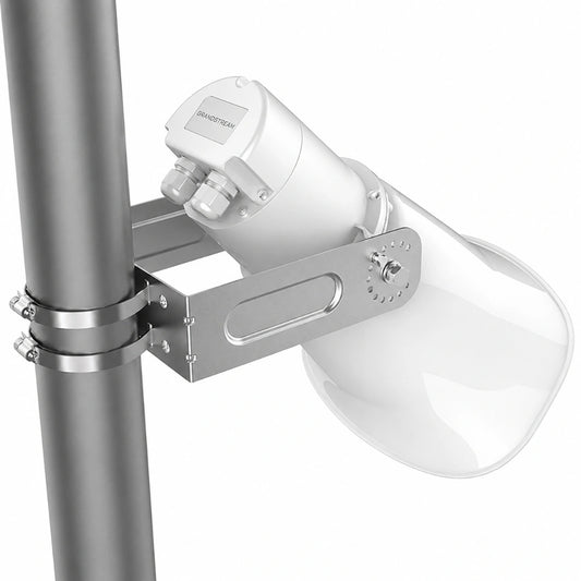 Rear view of Grandstream GSC3518HS horn speaker showing outdoor mounting bracket and cable entry housing