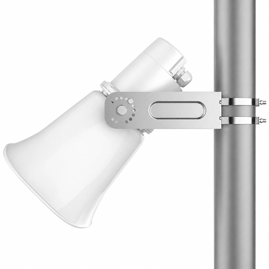 Side profile of Grandstream GSC3518HS SIP horn speaker mounted on pole for outdoor paging installation