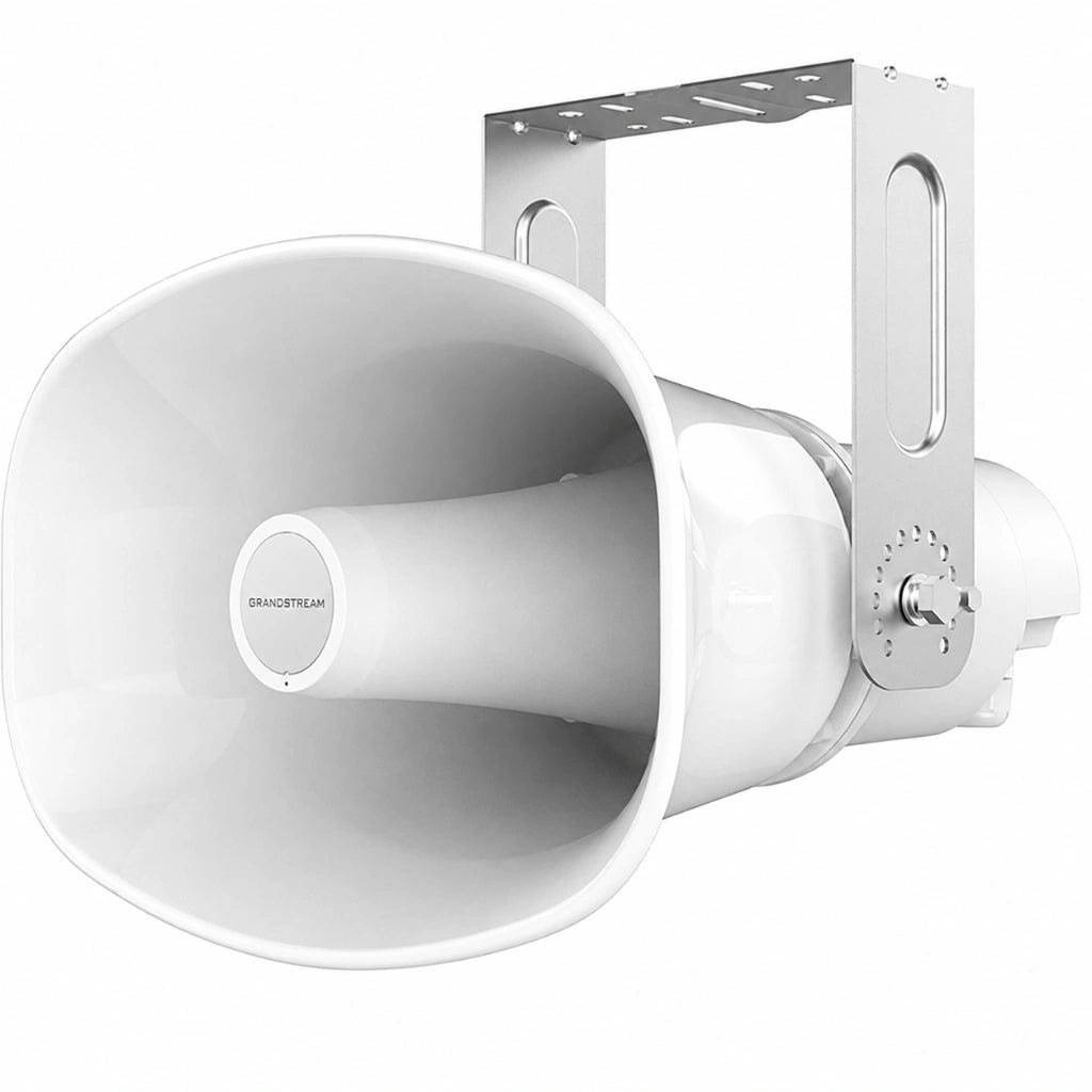Grandstream GSC3518HS SIP horn speaker front left angle view for outdoor IP paging and talk-back communication