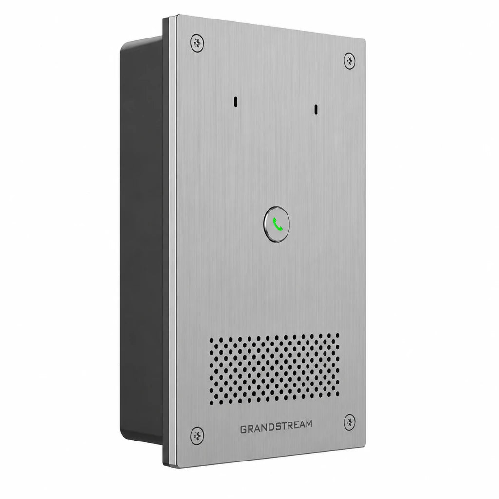 Grandstream GSC3565 SIP audio intercom front left angle view with call button and speaker grille