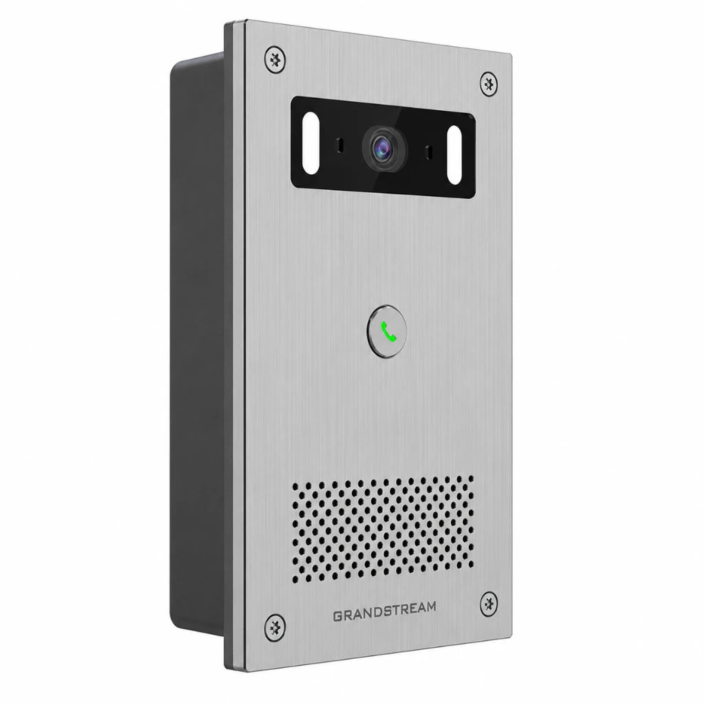 Grandstream GSC3565 SIP video intercom front left angle view with camera, call button and speaker grille