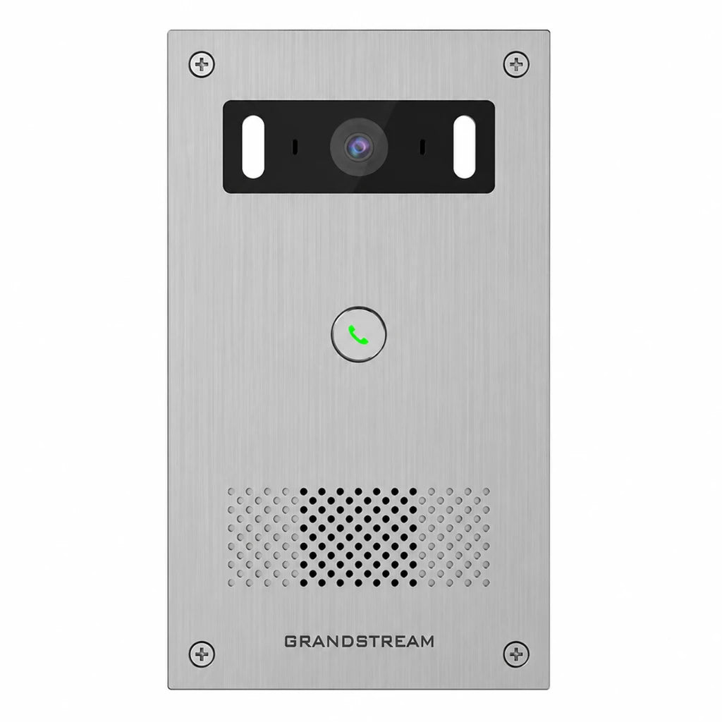 Grandstream GSC3565 SIP video intercom front view with HD camera, illuminated call button and speaker grille