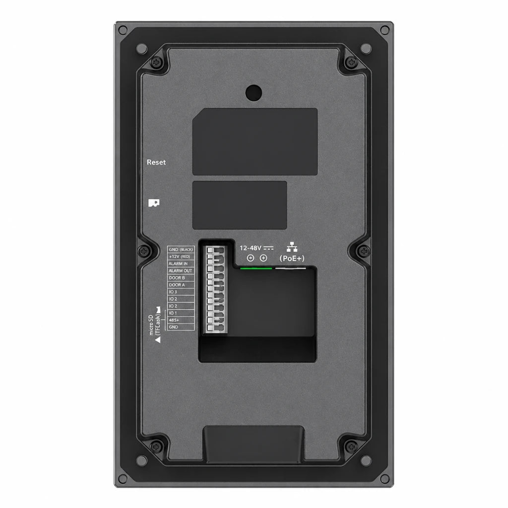 Grandstream GSC3565 SIP video intercom rear view showing PoE+, power input, I/O ports and installation panel