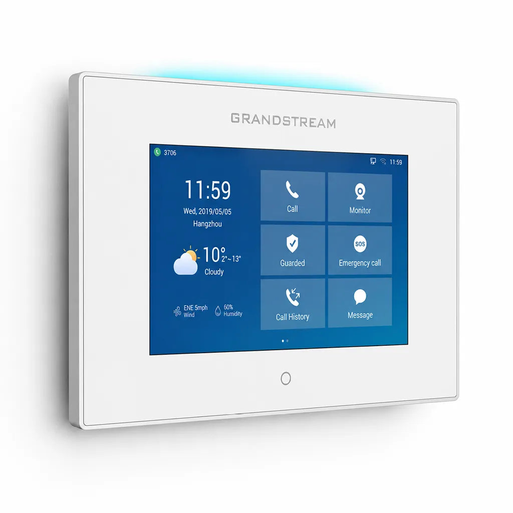 Grandstream GSC3570 HD intercom and facility control station with 7-inch touchscreen shown in front left angle view.