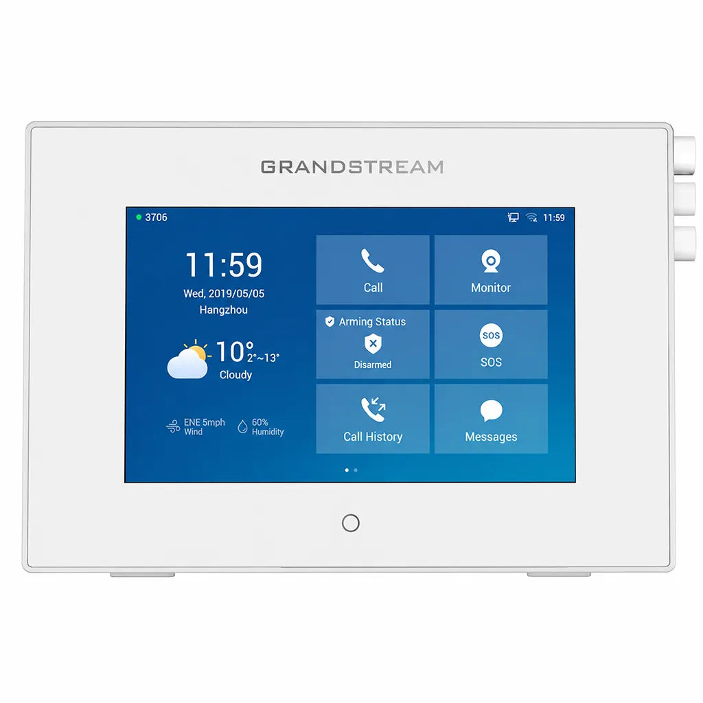 Front view of the Grandstream GSC3570 HD intercom featuring a 7-inch capacitive touchscreen, HD audio and SIP facility control.