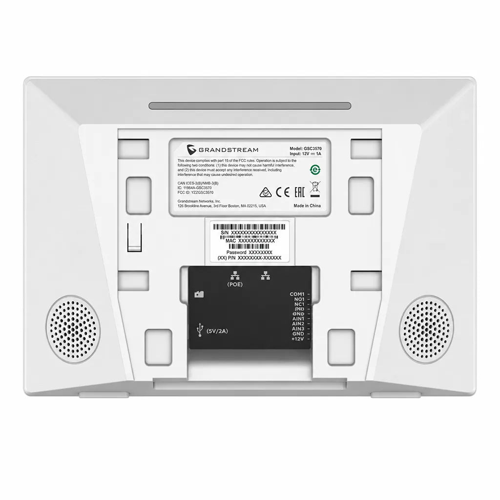 Rear view of the Grandstream GSC3570 HD intercom showing PoE, relay output, alarm inputs and connectivity ports.