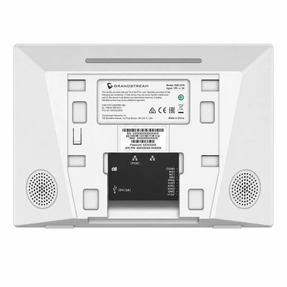 Rear view of the Grandstream GSC3570 HD intercom showing PoE, relay output, alarm inputs and connectivity ports.