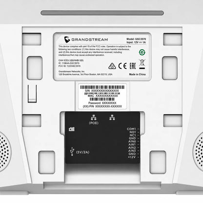 Close-up of the Grandstream GSC3570 rear panel displaying PoE, USB, relay output and alarm input connections.