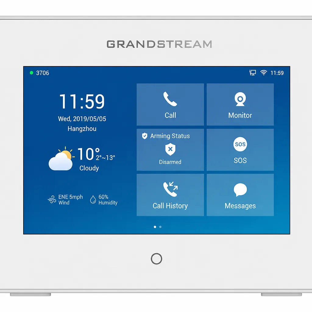 Close-up of the Grandstream GSC3570 7-inch touchscreen displaying the SIP intercom and facility control interface.