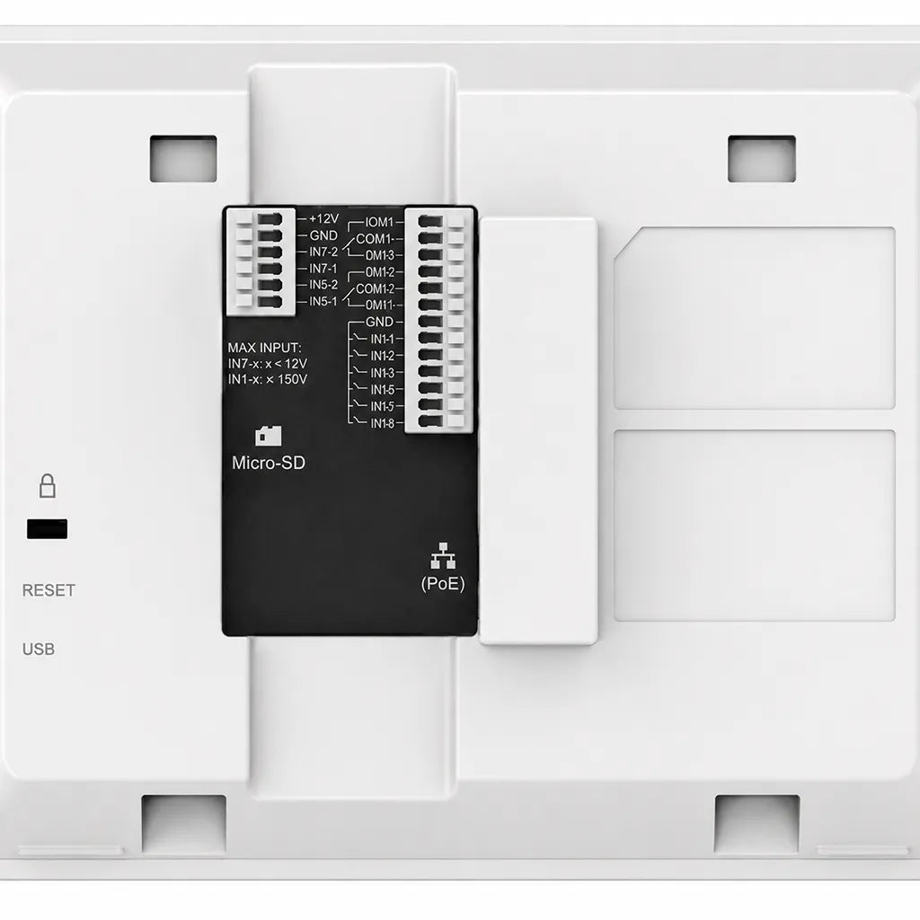 Close-up of Grandstream GSC3574 rear connectivity panel with PoE Ethernet, MicroSD slot and alarm terminal connections.