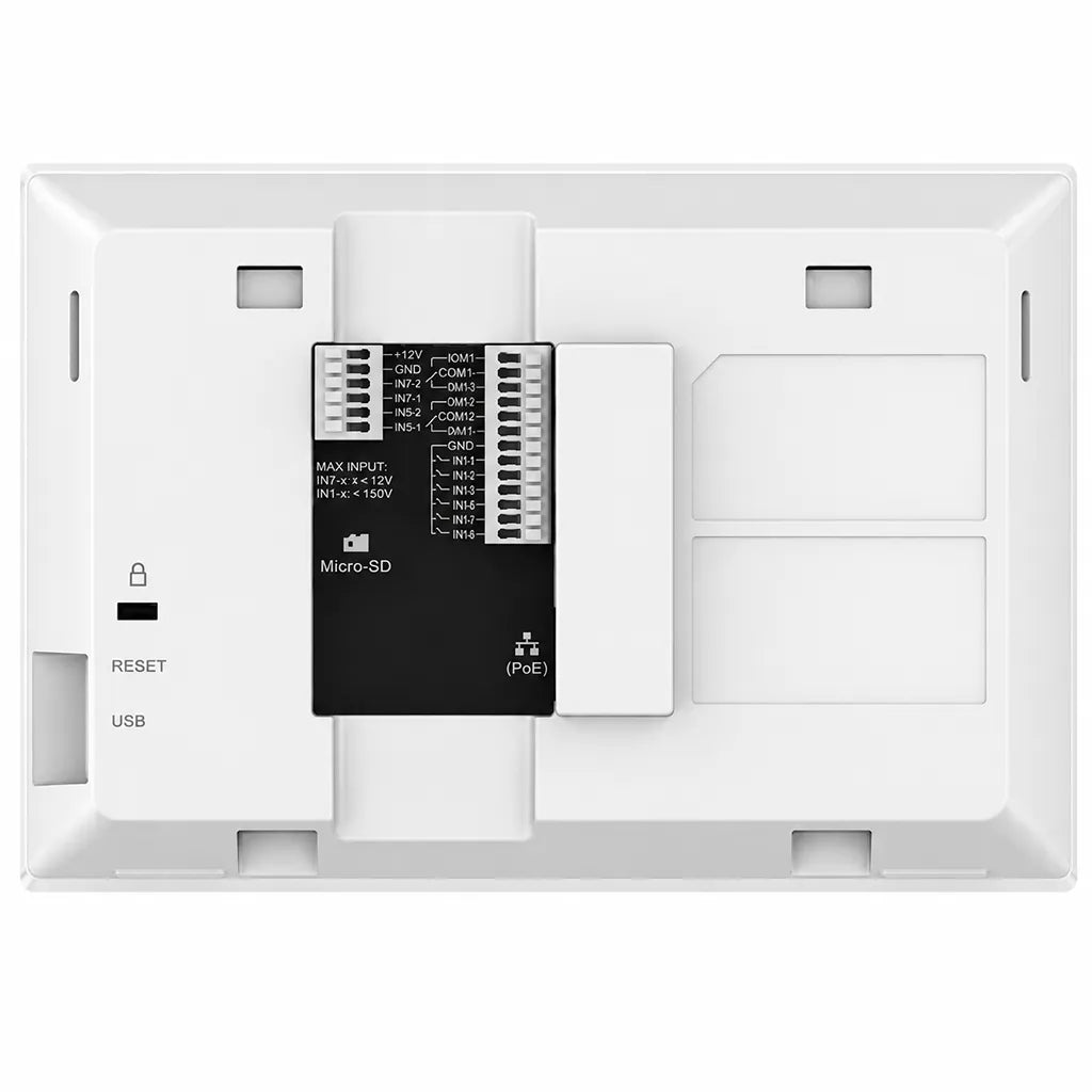 Rear panel of Grandstream GSC3574 HD Intercom showing PoE Ethernet port, MicroSD slot, alarm input/output terminals and wall mount design.