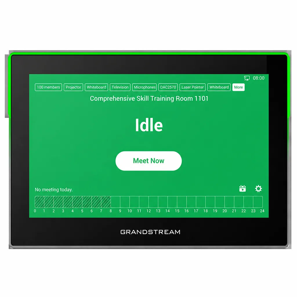 Front view of Grandstream GSC3575 HD Intercom showing meeting room scheduling interface with 7-inch Android touchscreen.