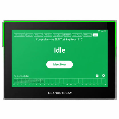 Front view of Grandstream GSC3575 HD Intercom showing meeting room scheduling interface with 7-inch Android touchscreen.