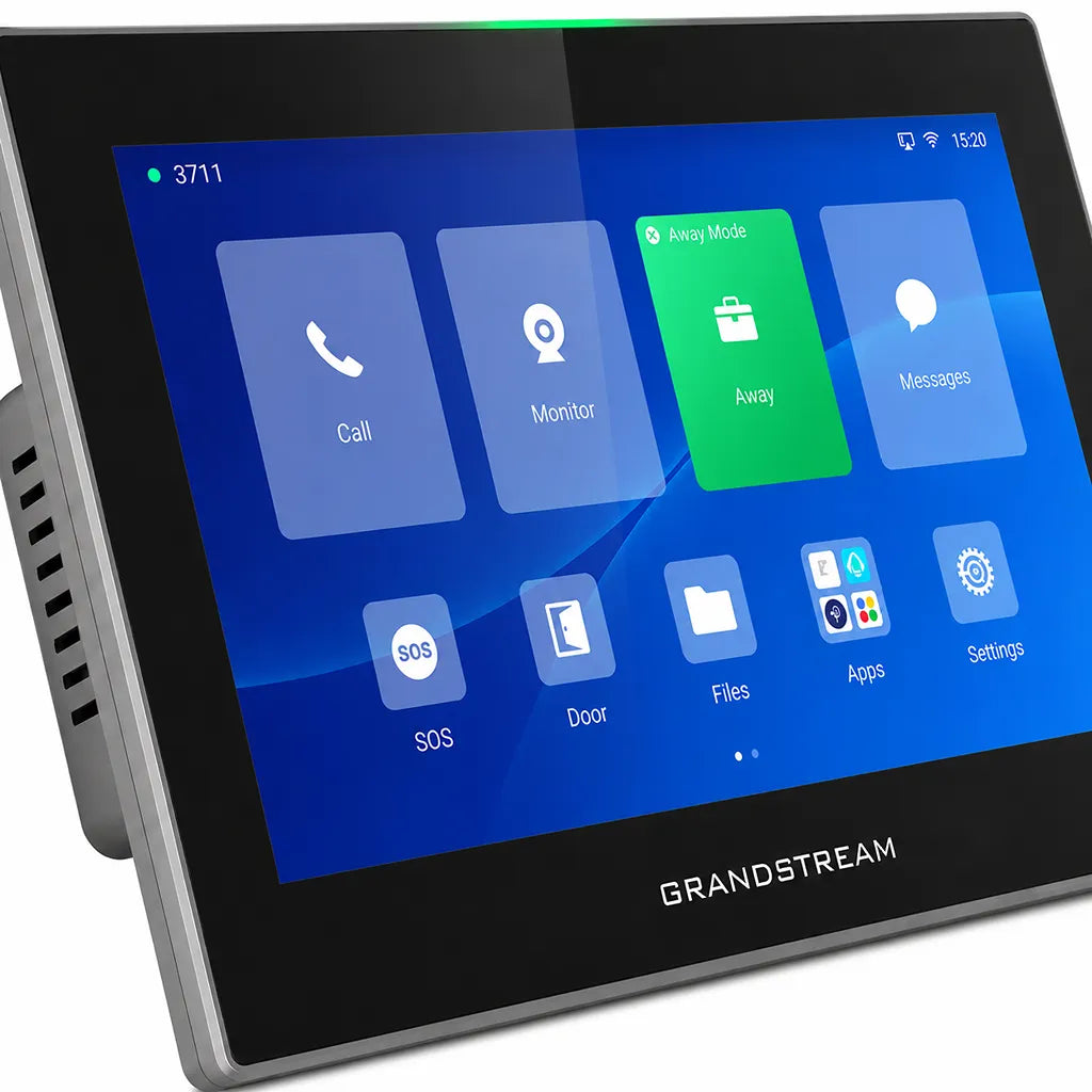 Close-up view of Grandstream GSC3575 HD Intercom touchscreen displaying Android interface for SIP communication, door access and facility management.