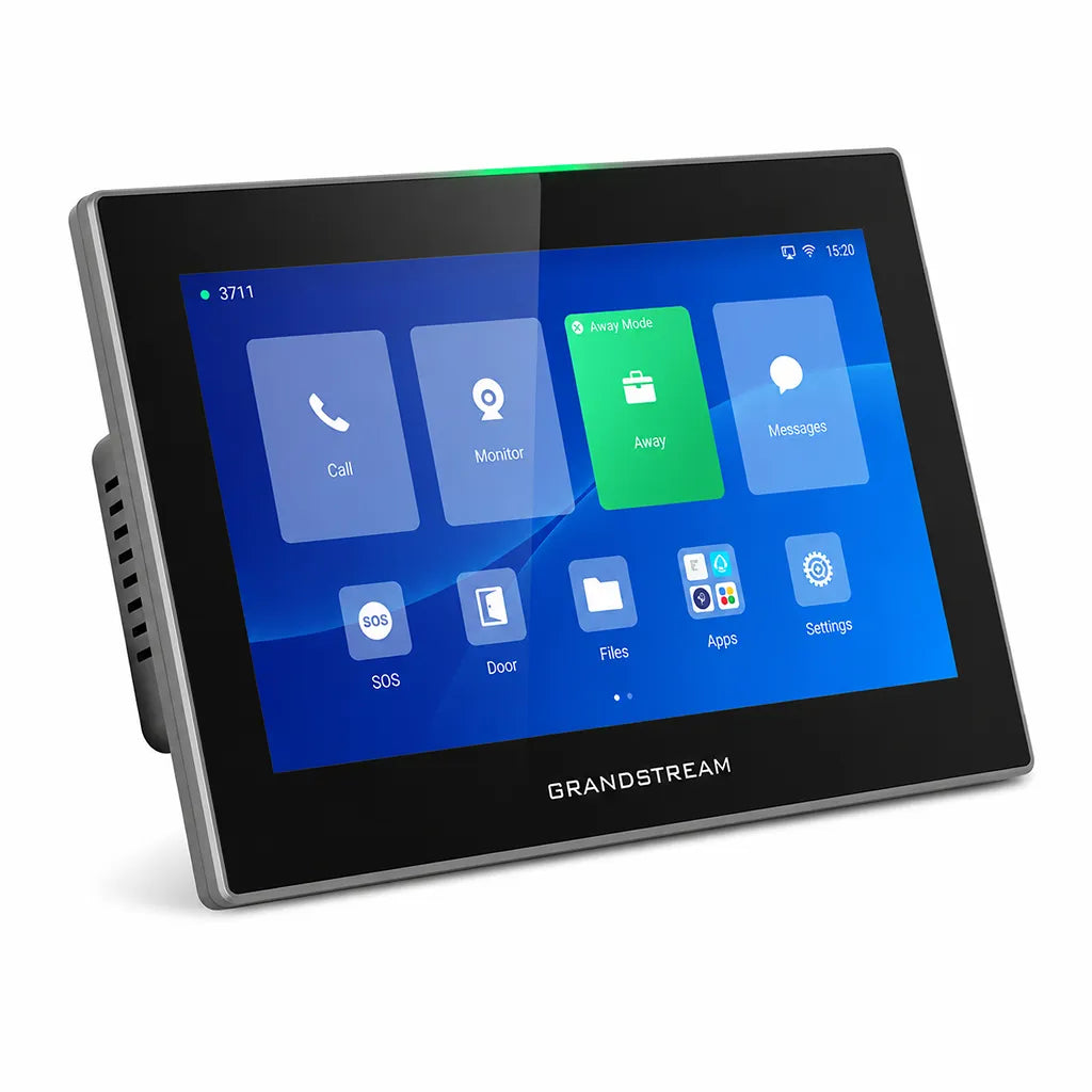Right angled view of Grandstream GSC3575 HD Intercom with 7-inch touchscreen, WiFi 6 and PoE support for smart building applications.