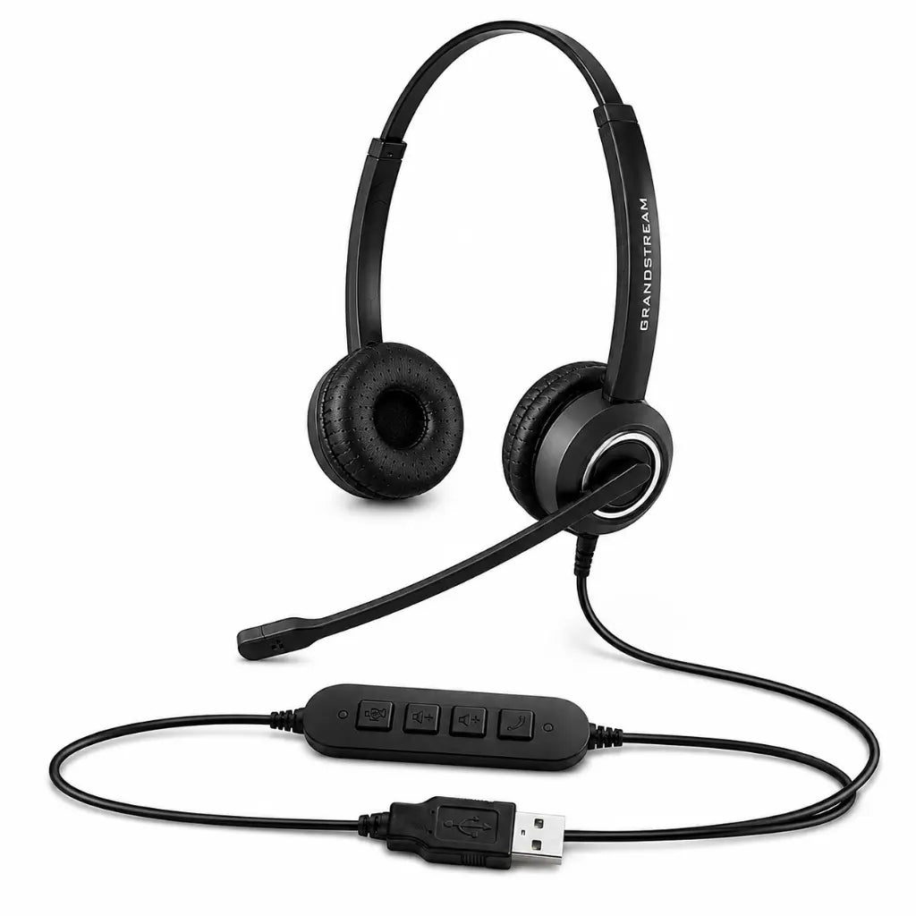 Grandstream GUV3000 HD USB headset front angle view with boom microphone, padded ear cushions, and inline USB controls