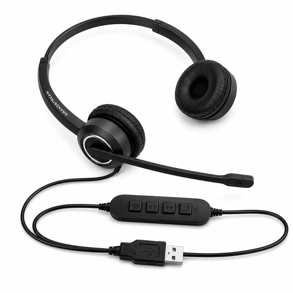 Grandstream GUV3000 HD USB headset with noise cancelling microphone, USB connector, and inline call control buttons