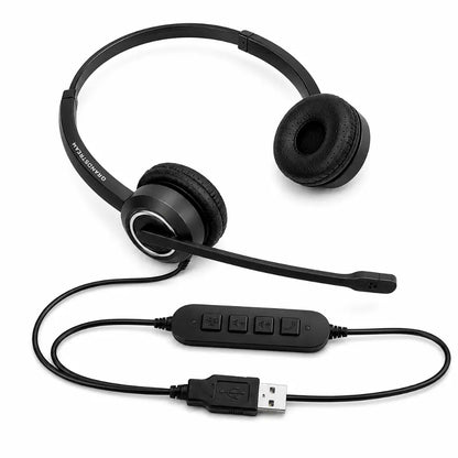 Grandstream GUV3000 HD USB headset with noise cancelling microphone, USB connector, and inline call control buttons