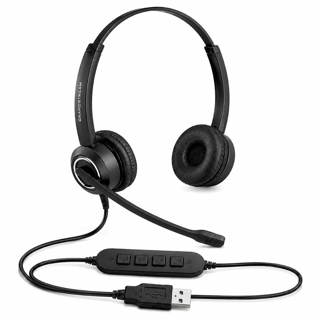 Grandstream GUV3000 business USB headset with adjustable boom mic, dual ear design, and in-line volume and mute controls