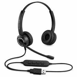 Grandstream GUV3000 business USB headset with adjustable boom mic, dual ear design, and in-line volume and mute controls