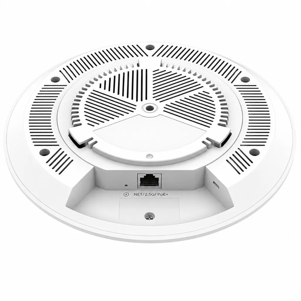 Bottom perspective view of Grandstream GWN7670E Wi-Fi 7 access point with mounting design and 2.5G PoE+ port