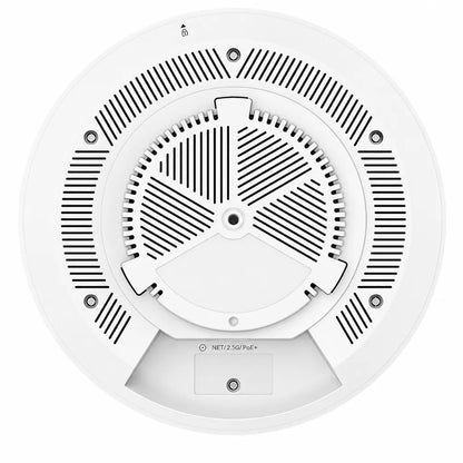 Bottom view of Grandstream GWN7670E Wi-Fi 7 access point showing mounting plate and 2.5G PoE+ Ethernet port