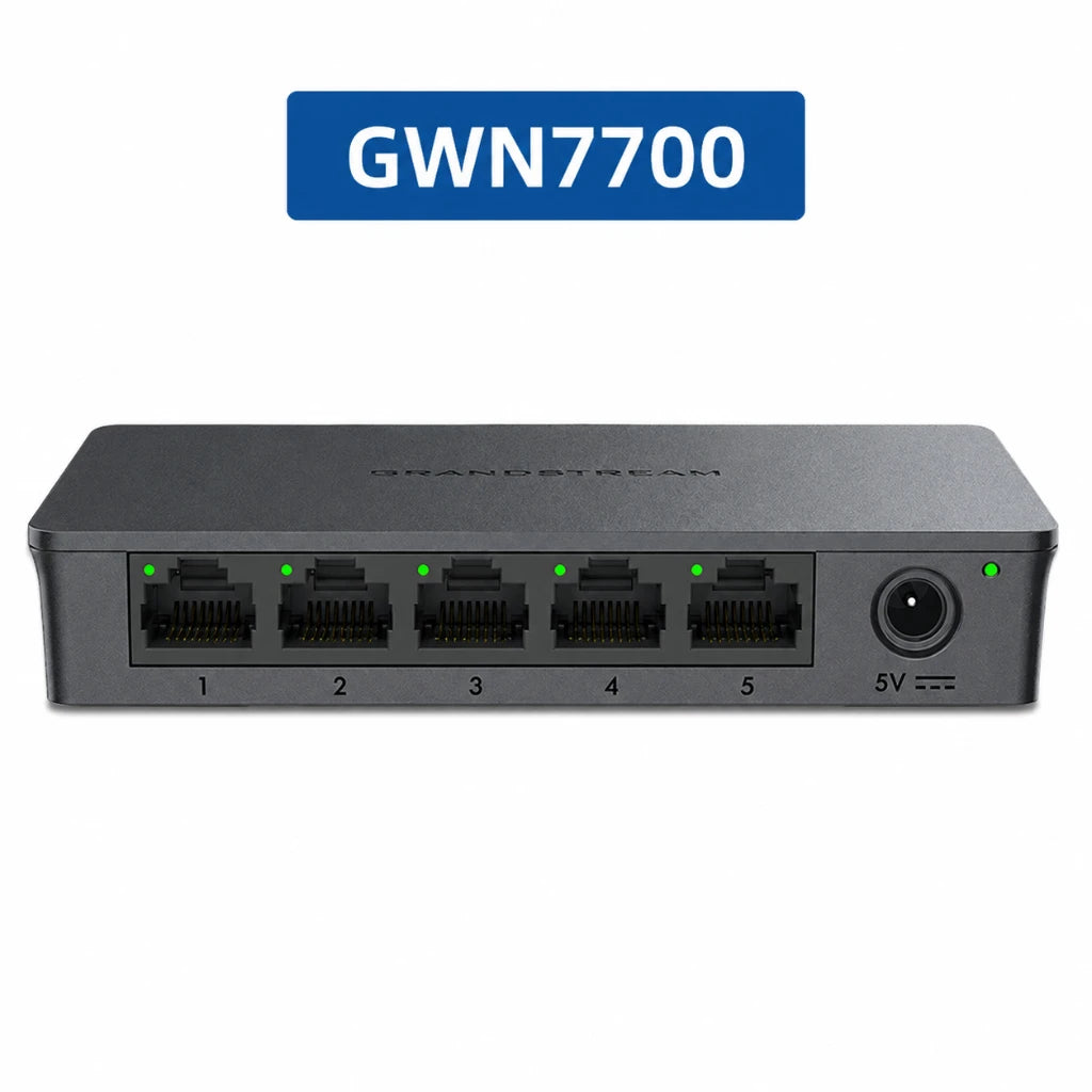 Grandstream GWN7700 5-Port Gigabit Unmanaged Network Switch product image with model number GWN7700 displayed.